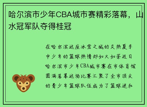 哈尔滨市少年CBA城市赛精彩落幕，山水冠军队夺得桂冠