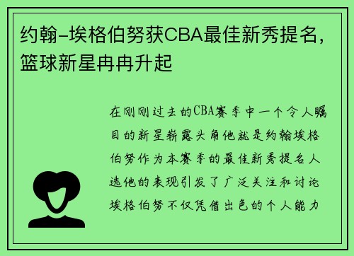 约翰-埃格伯努获CBA最佳新秀提名，篮球新星冉冉升起