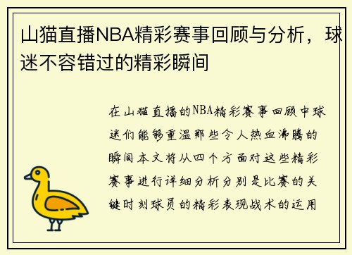山猫直播NBA精彩赛事回顾与分析，球迷不容错过的精彩瞬间