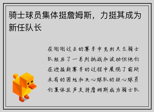骑士球员集体挺詹姆斯，力挺其成为新任队长